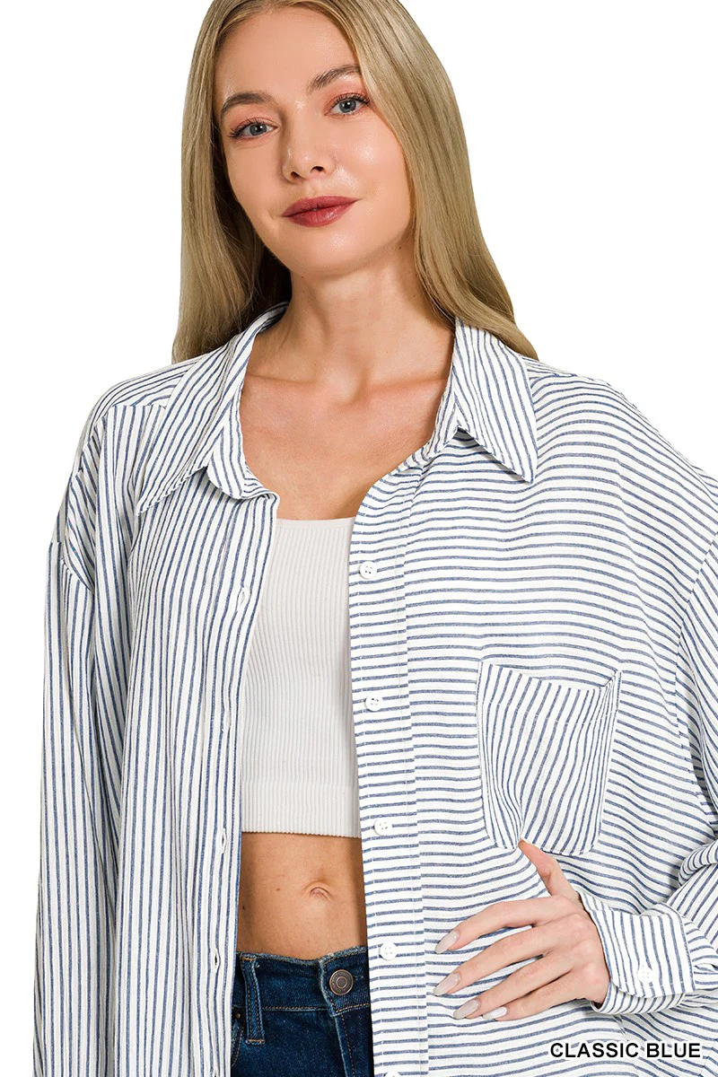 Zenana Woven Stripe Button Down Shirt - Image 8