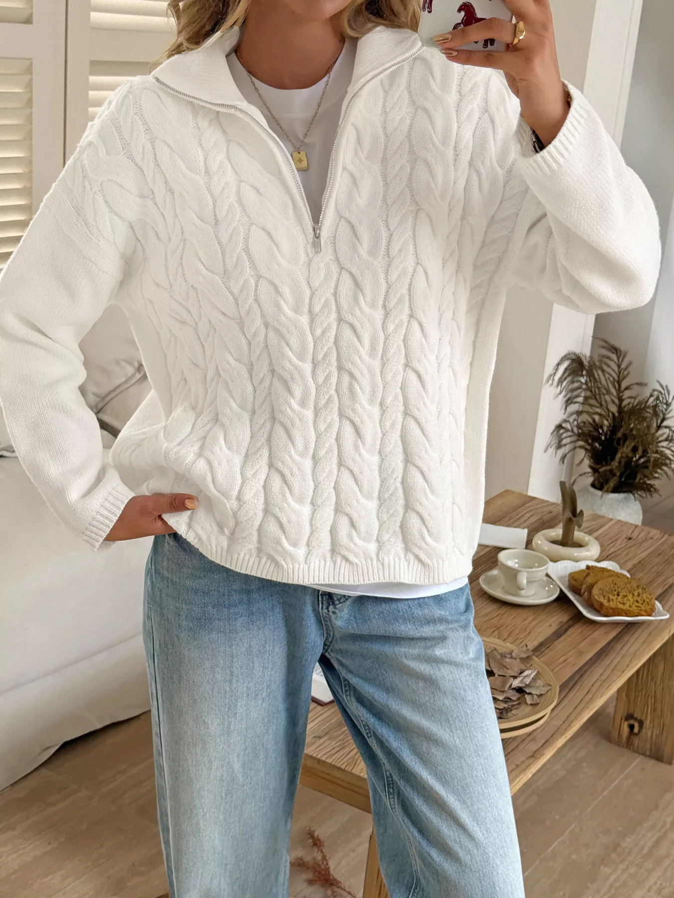 Zip Collar Cable-Knit Sweater - Image 2