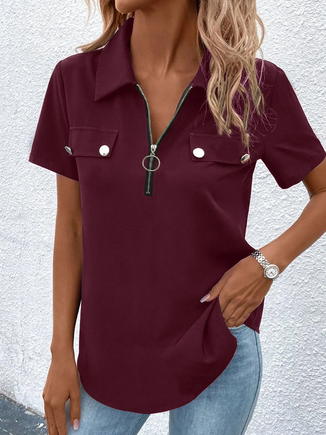 Zip Collar Short Sleeve Top - Image 13