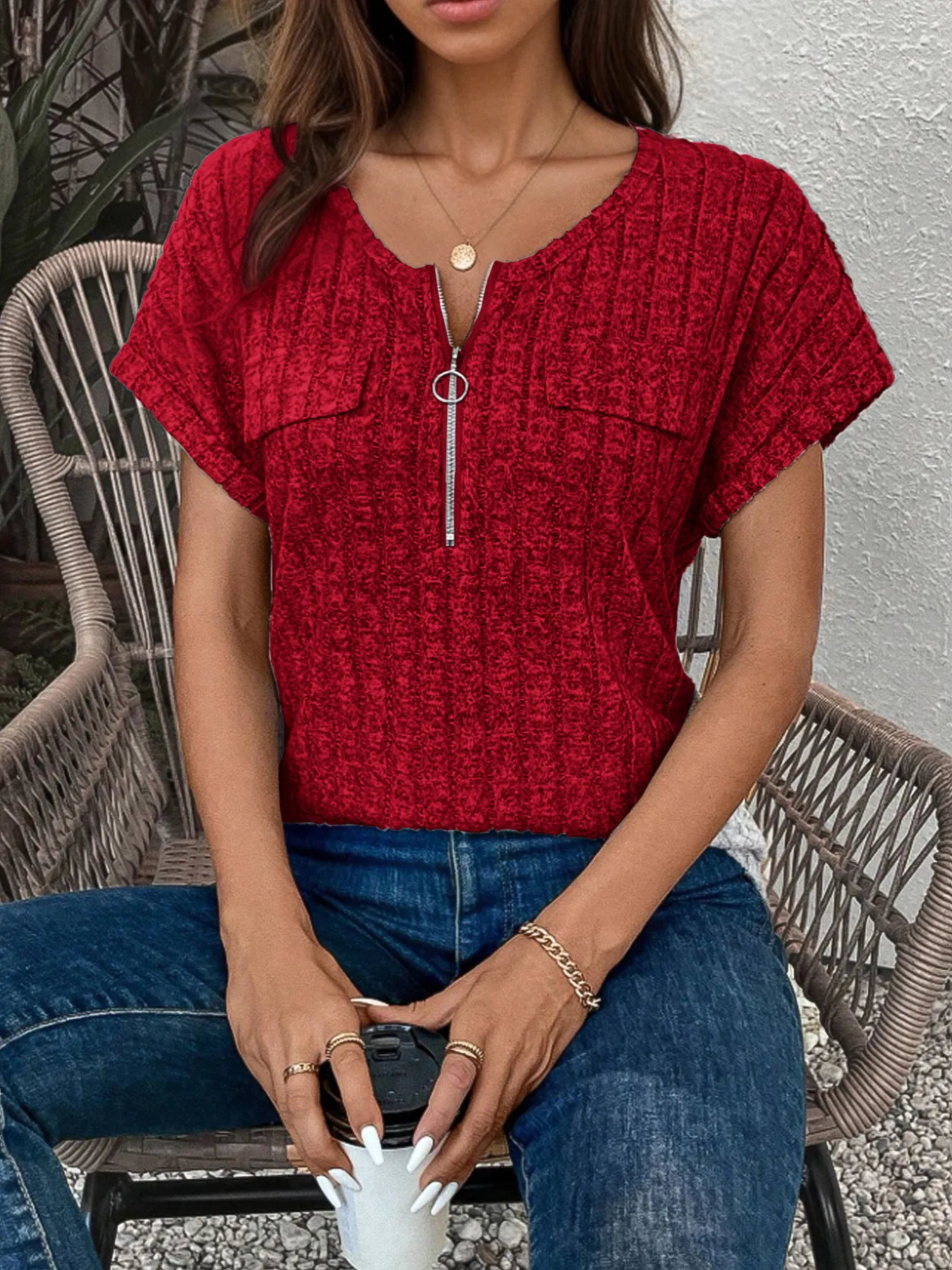 Zip-Front Short Sleeve T-Shirt - Image 17
