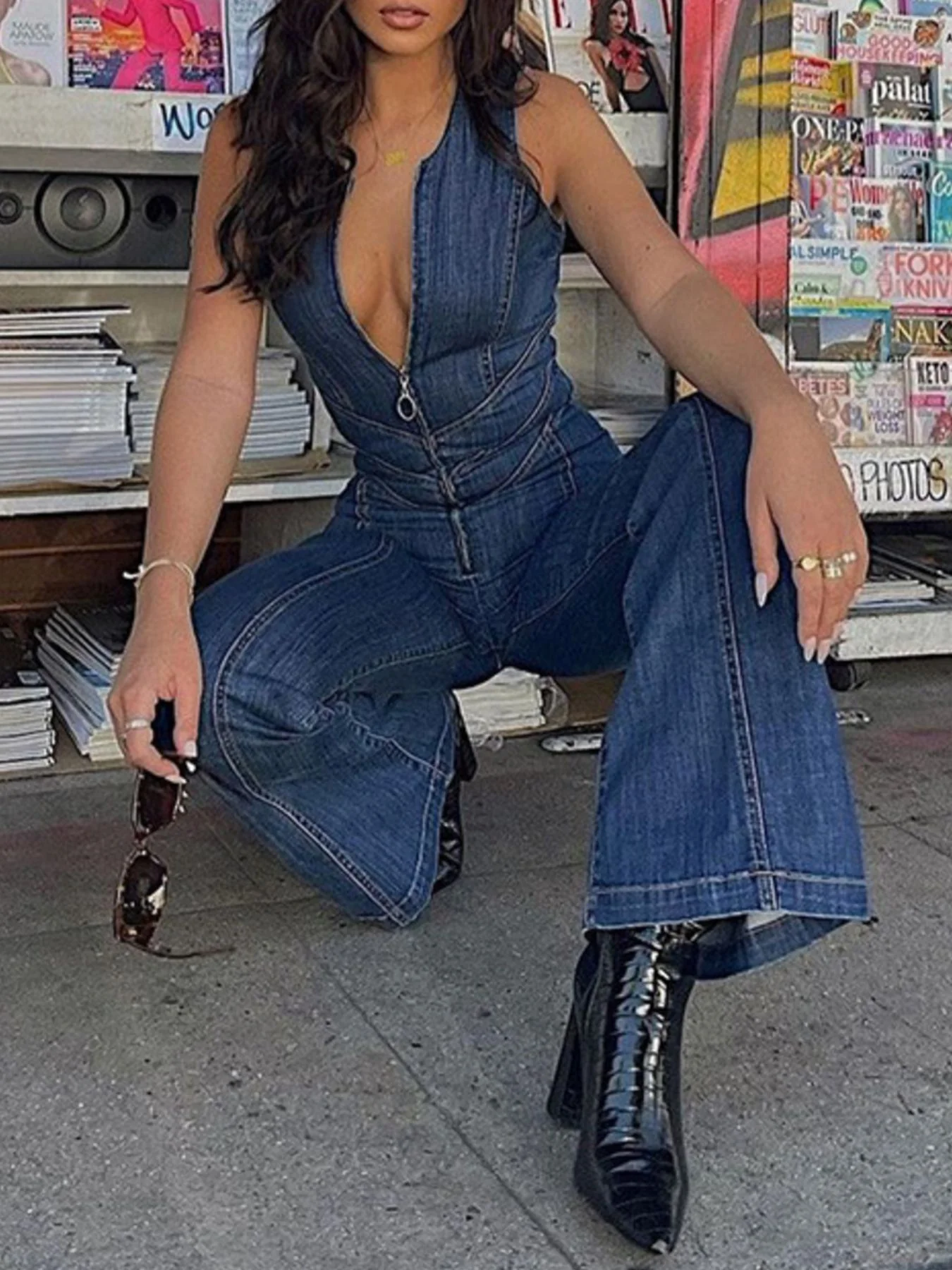 Zip Front Sleeveless Wide Leg Denim Jumpsuit - Image 3