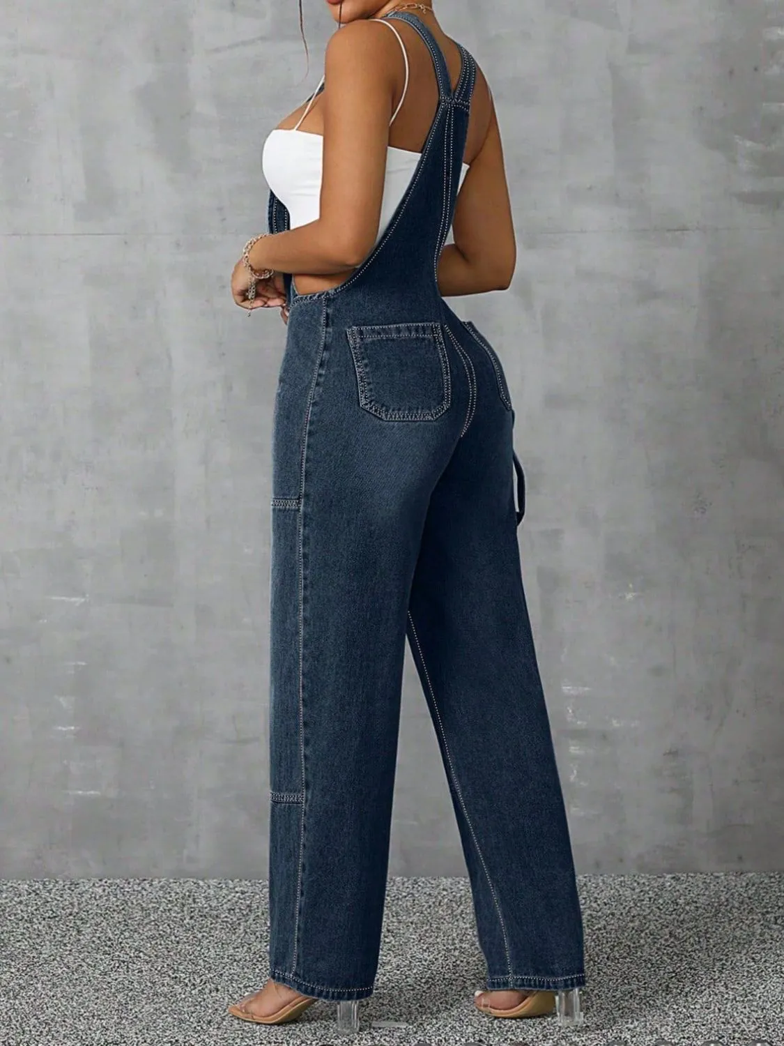 Zip Front Wide Strap Denim Overalls - Image 2