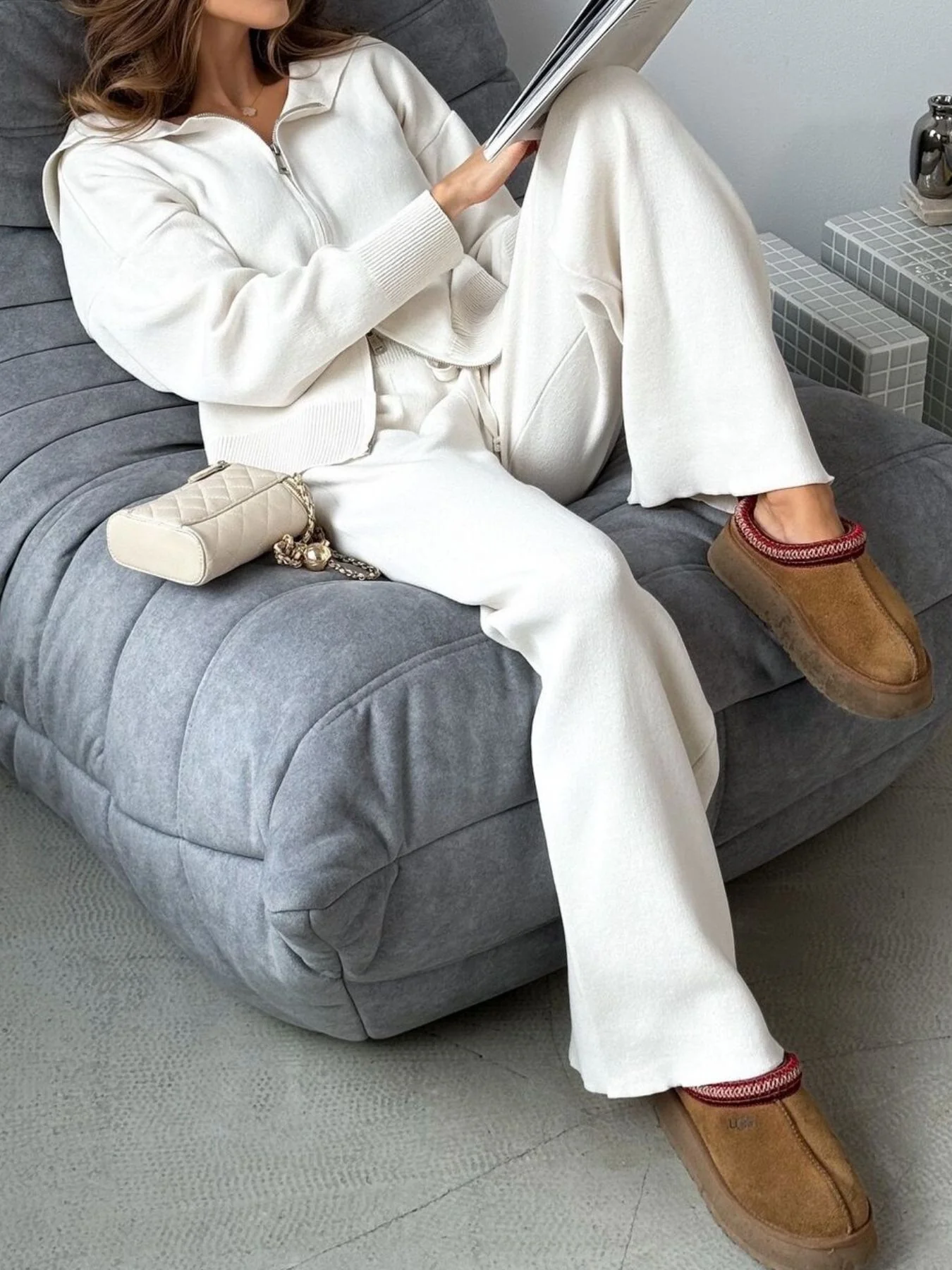Zip Up Cardigan and Drawstring Wide Leg Pants Knit Set - Image 10