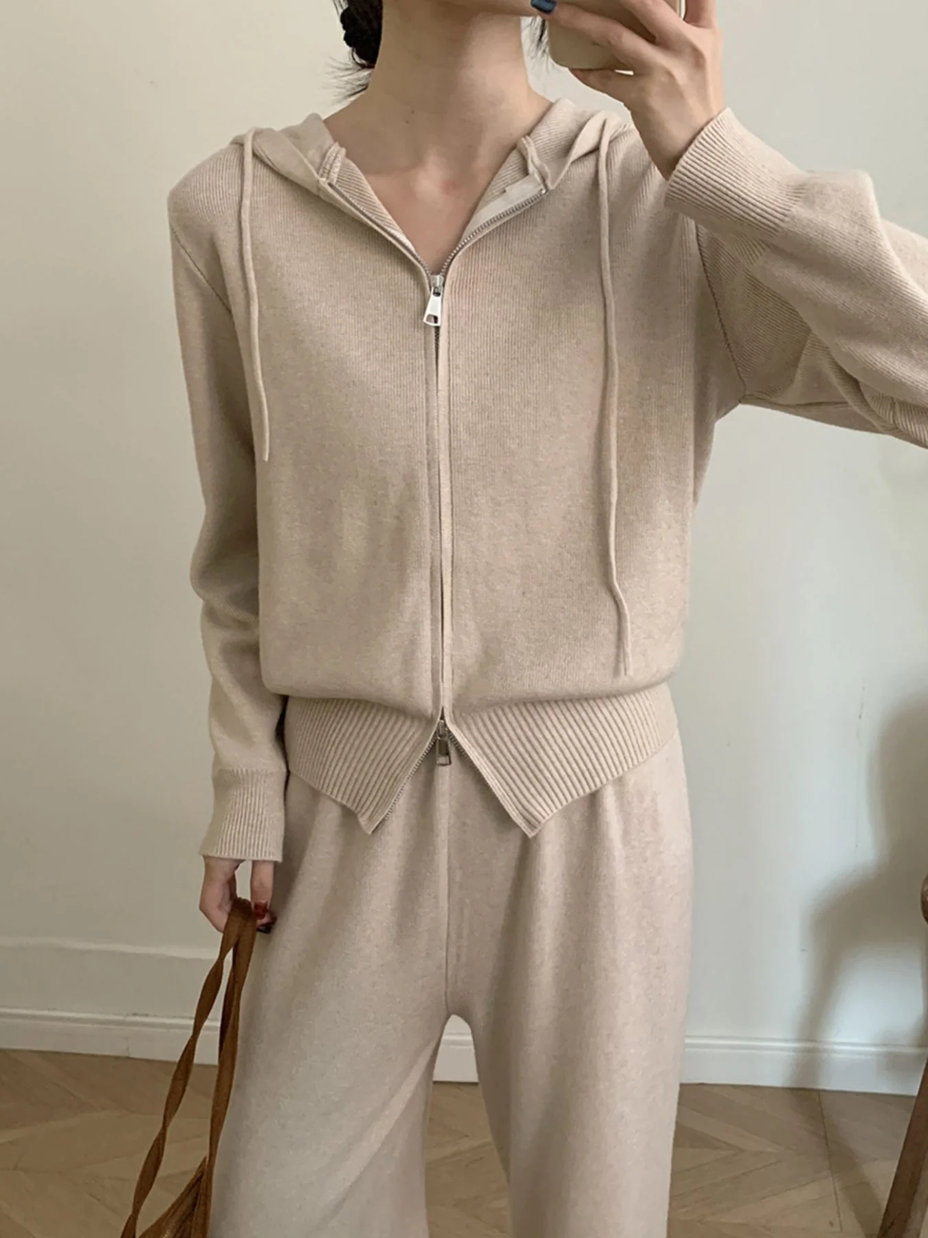 Zip Up Cardigan and Drawstring Wide Leg Pants Knit Set - Image 12
