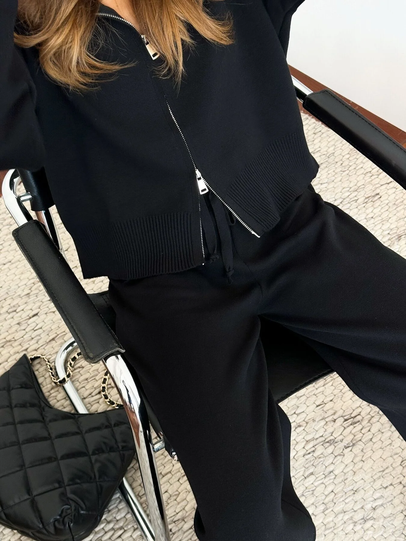 Zip Up Cardigan and Drawstring Wide Leg Pants Knit Set - Image 5