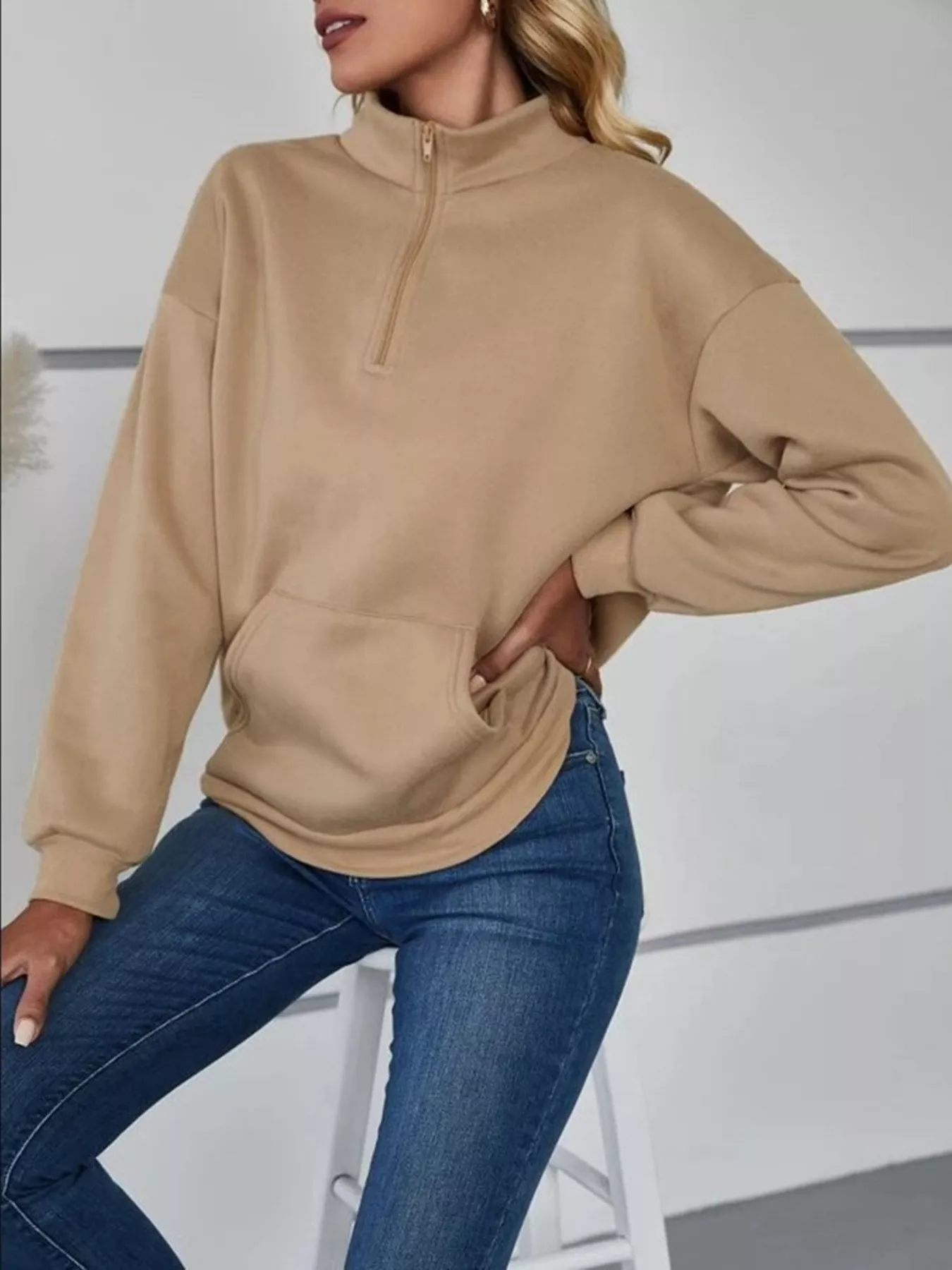 Zip-Up Collar Sweatshirt with Pocket - Image 10