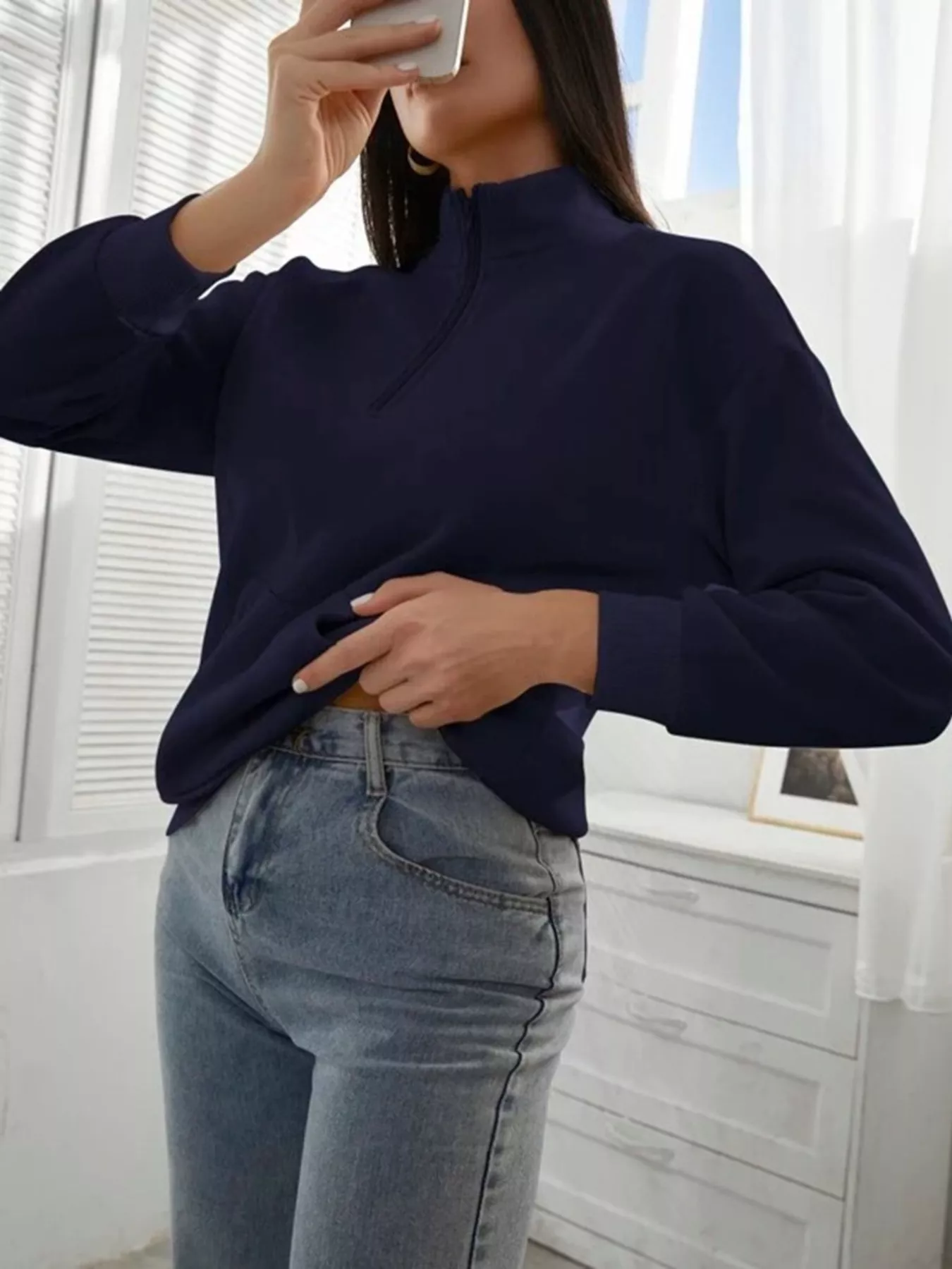 Zip-Up Collar Sweatshirt with Pocket - Image 2