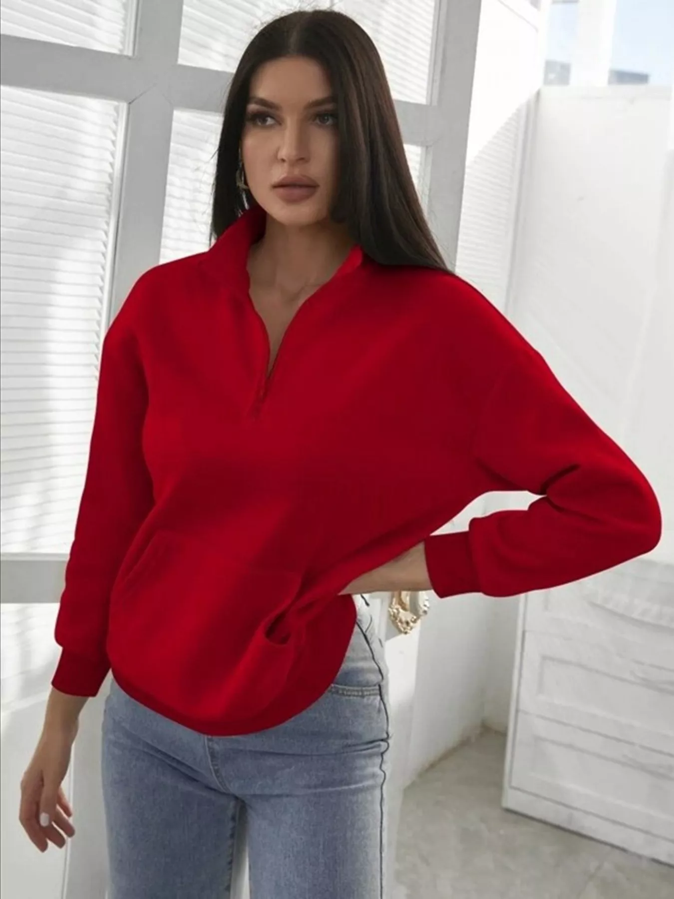Zip-Up Collar Sweatshirt with Pocket - Image 24