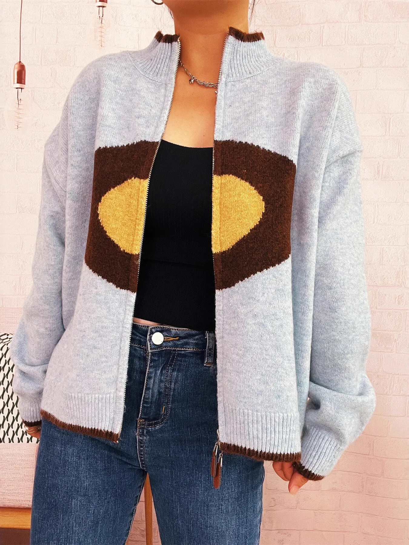 Zip-Up Contrast Trim Cardigan - Image 7