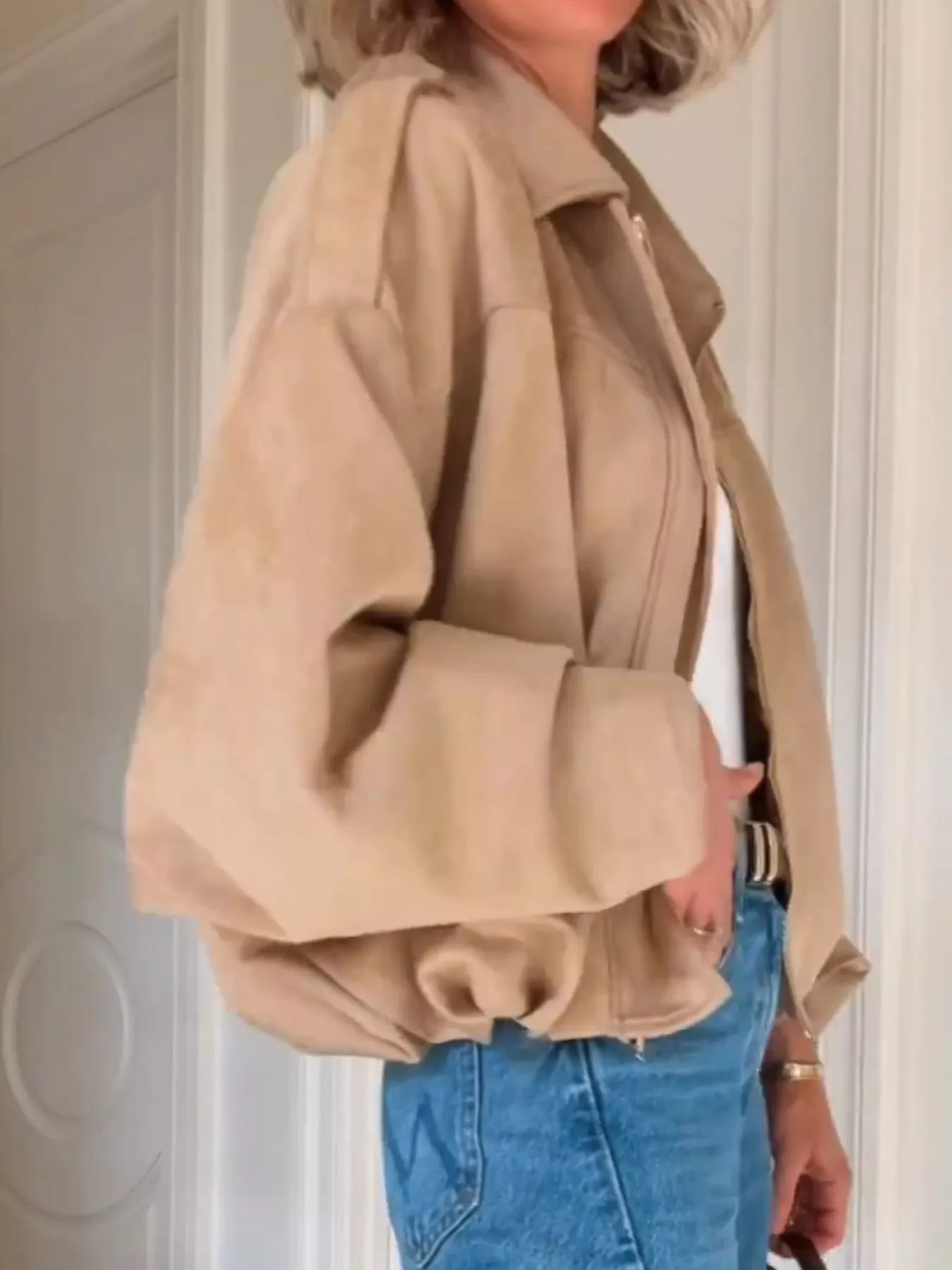 Zip Up Dropped Shoulder Suede Jacket - Image 3