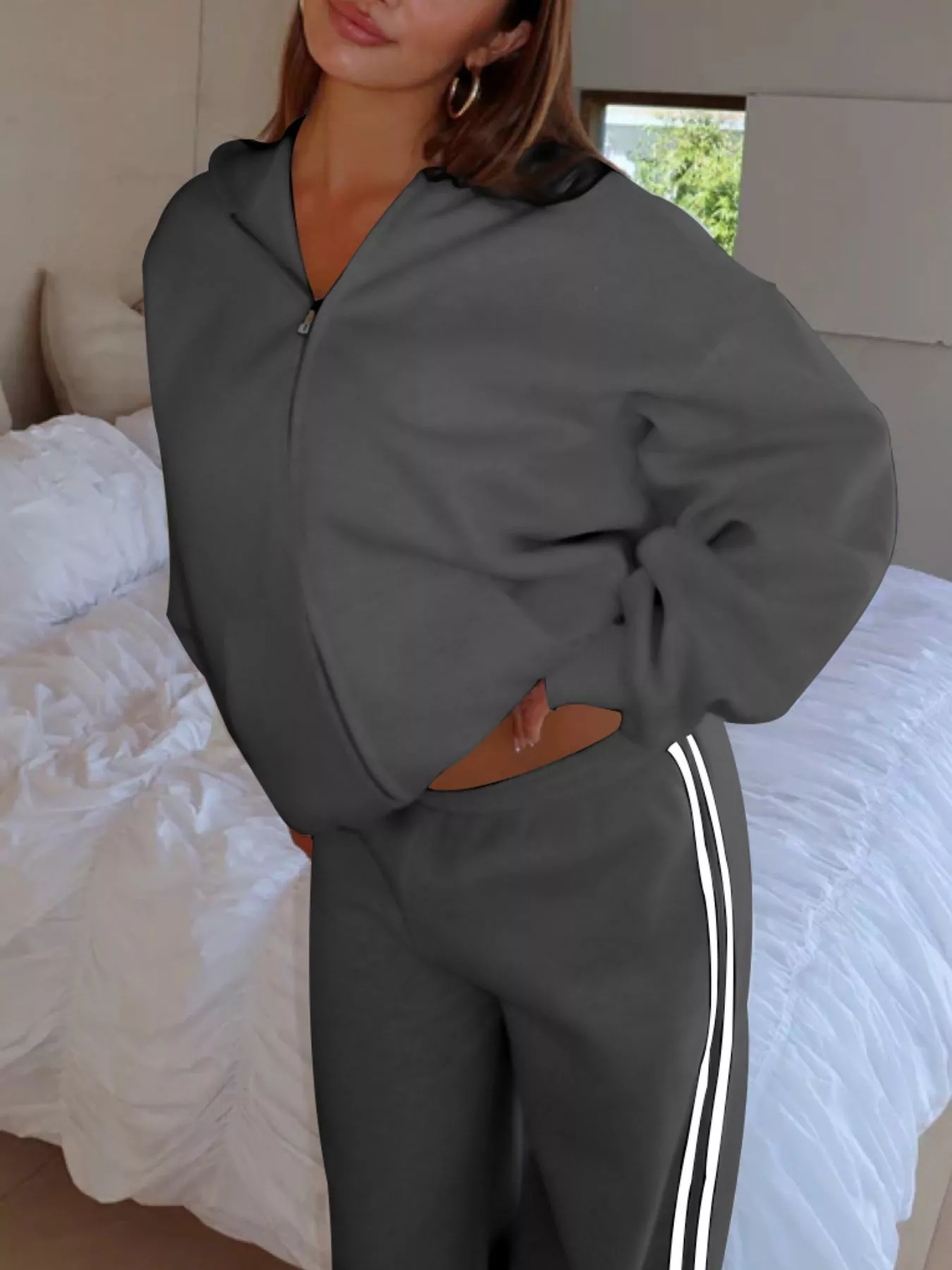 Zip Up Hoodie and Striped Pants Set - Image 21