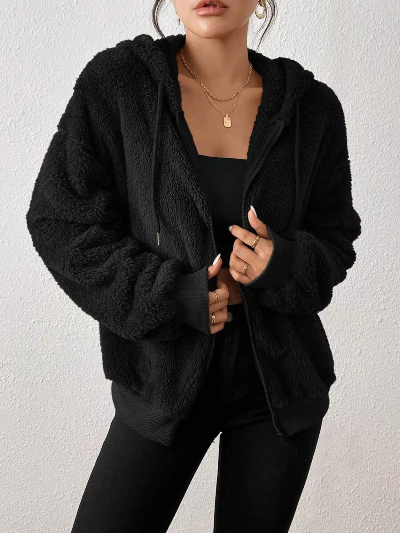 Zip-Up Plush Hooded Outerwear - Image 3