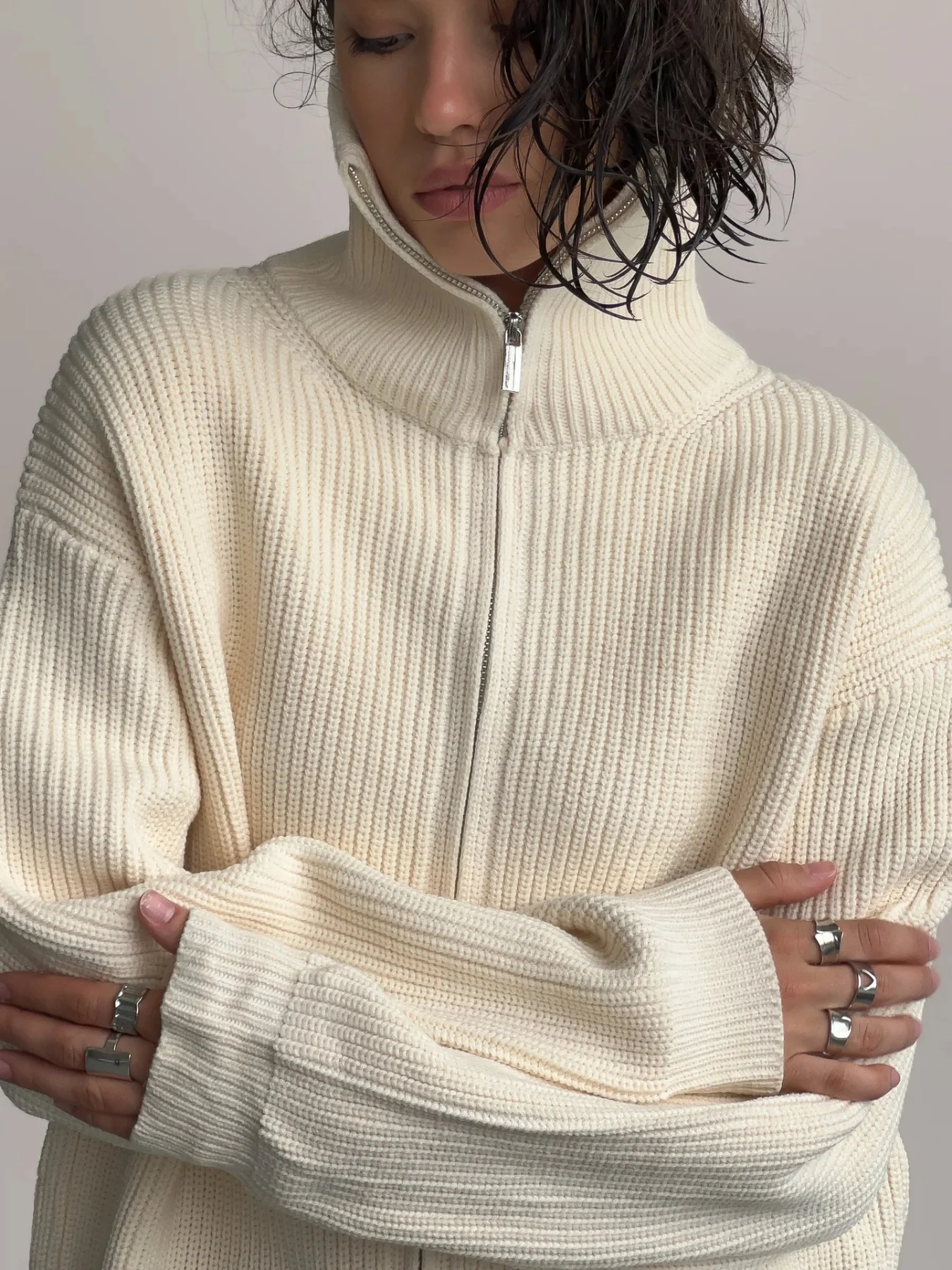 Zip-Up Ribbed Knit Cardigan - Image 3