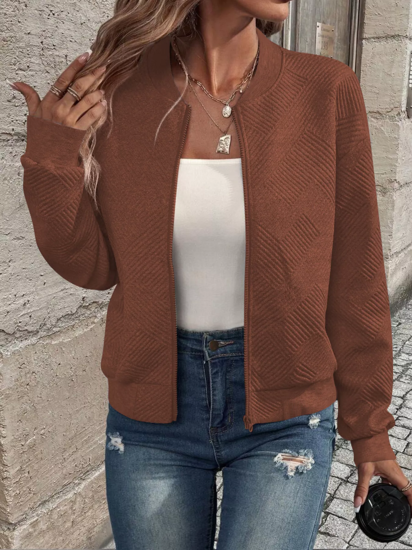 Zip-Up Textured Long Sleeve Jacket - Image 12