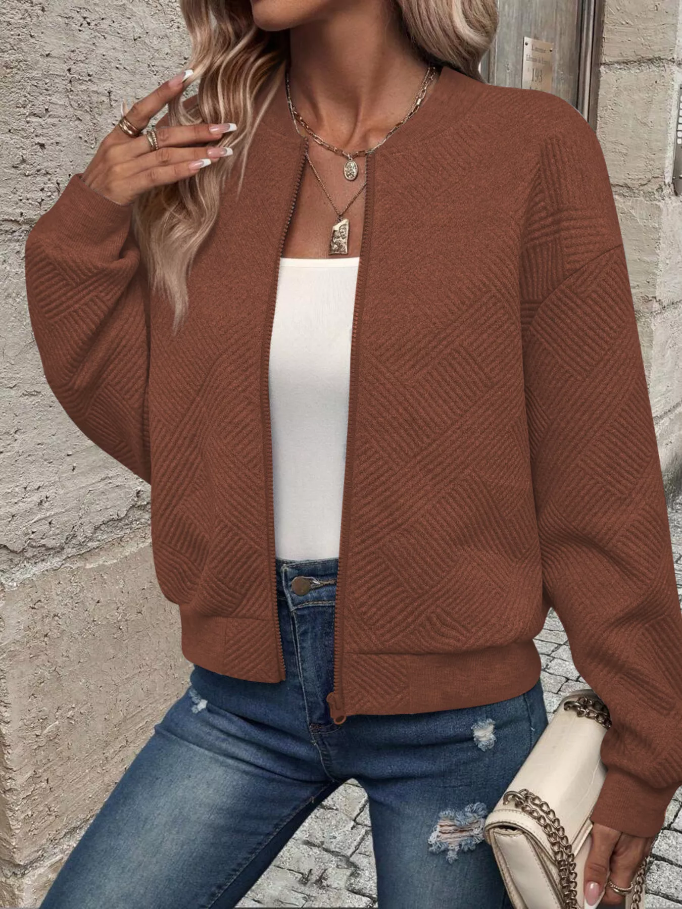 Zip-Up Textured Long Sleeve Jacket - Image 13