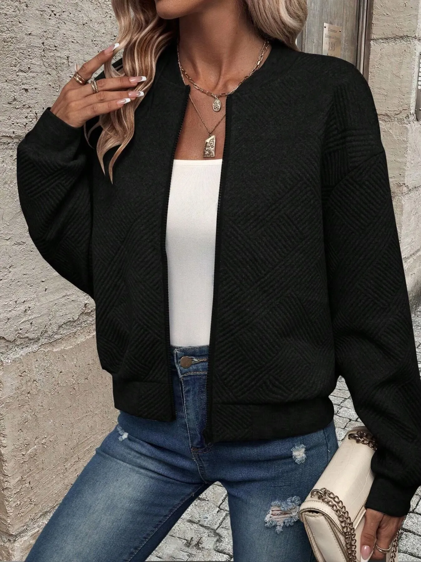 Zip-Up Textured Long Sleeve Jacket - Image 2