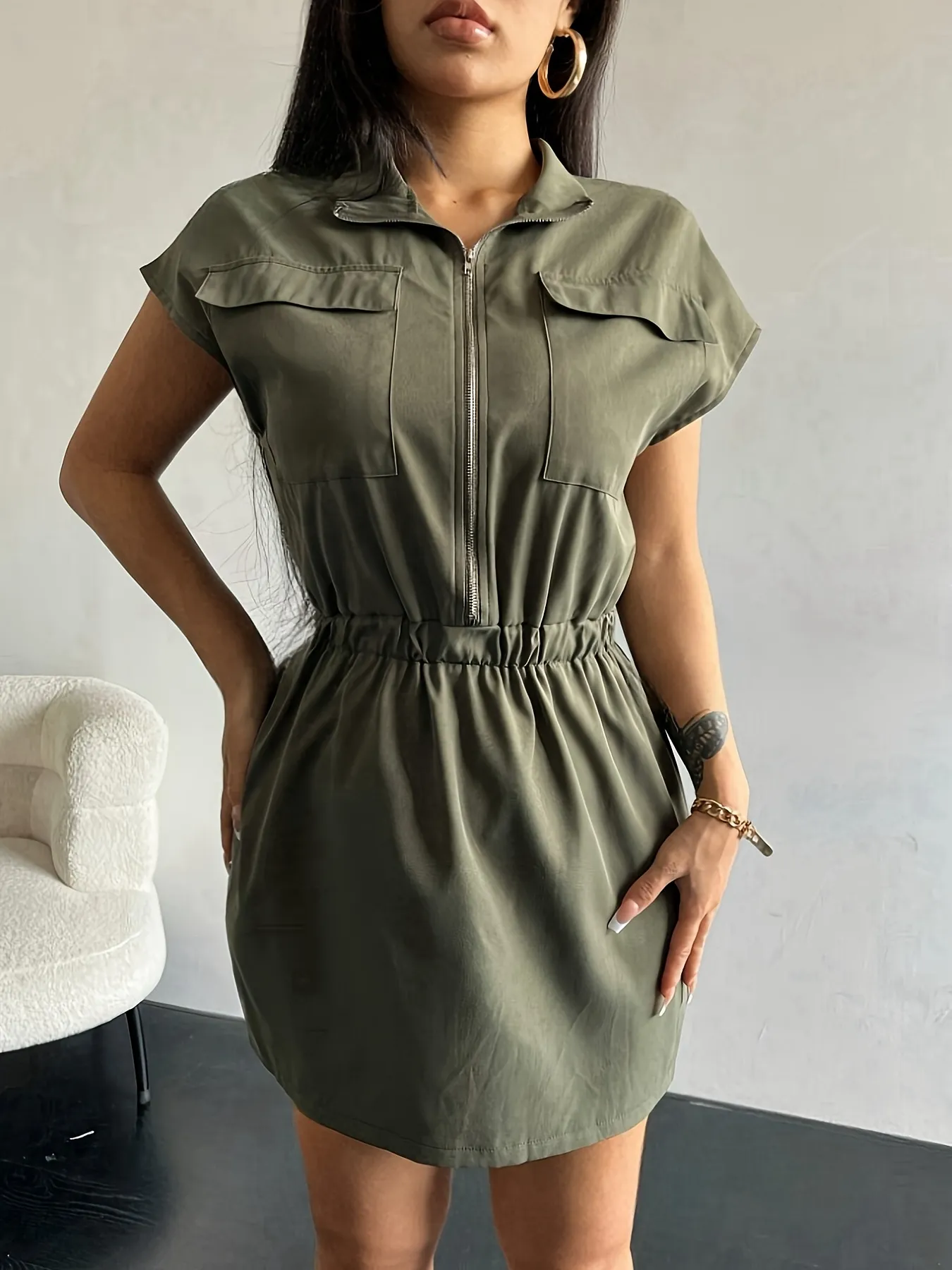 Zipper Front Short Sleeve Mini Dress