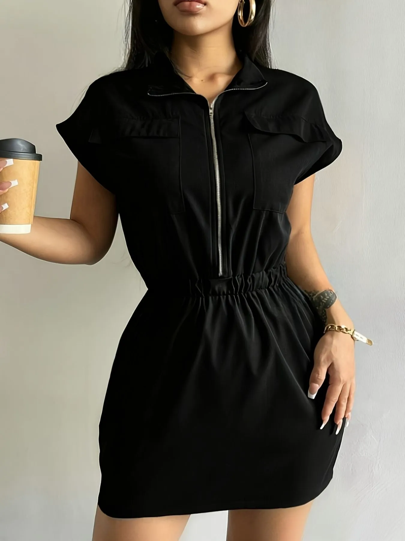 Zipper Front Short Sleeve Mini Dress - Image 6